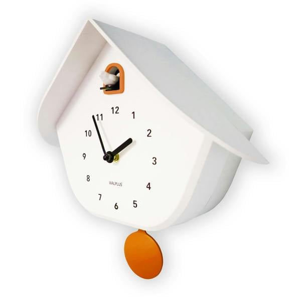 WALPLUS WC2165 Walplus White Cuckoo Wall Clock with Orange Accents & Pendulum, Modern Minimalist Battery Operated, 32.5cm