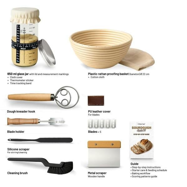 Infographic diagram of the sourdough starter kit components with labels for the 650ml glass jar, plastic rattan basket, tools, and guide.