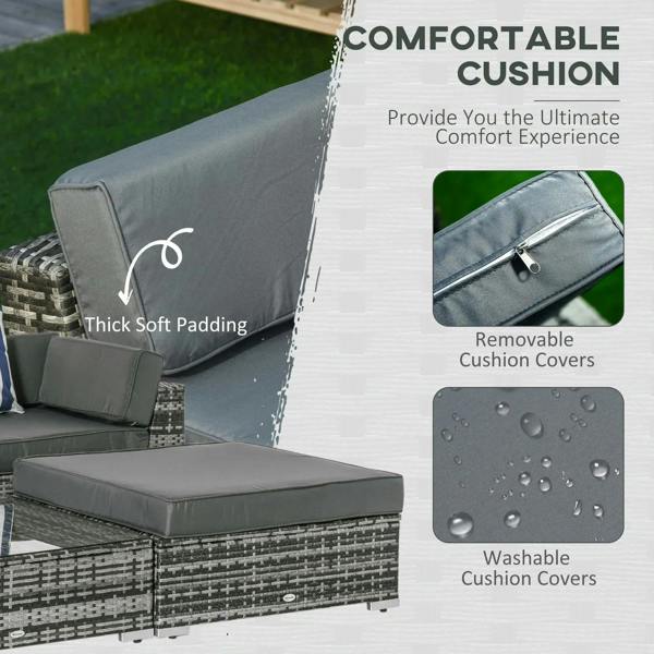 Grey cushioned rattan ottoman with removable, washable cushion cover