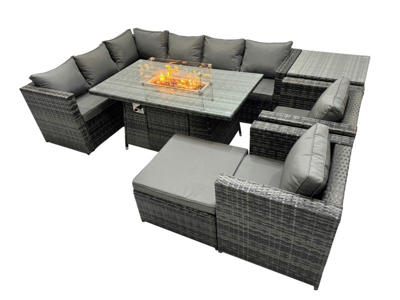 Fimous Rattan Garden Furniture Dining Set 9 seater Gas Fire Pit Dining Table Corner Sofa Set with Big Stool Side Table Dark Grey Mixed