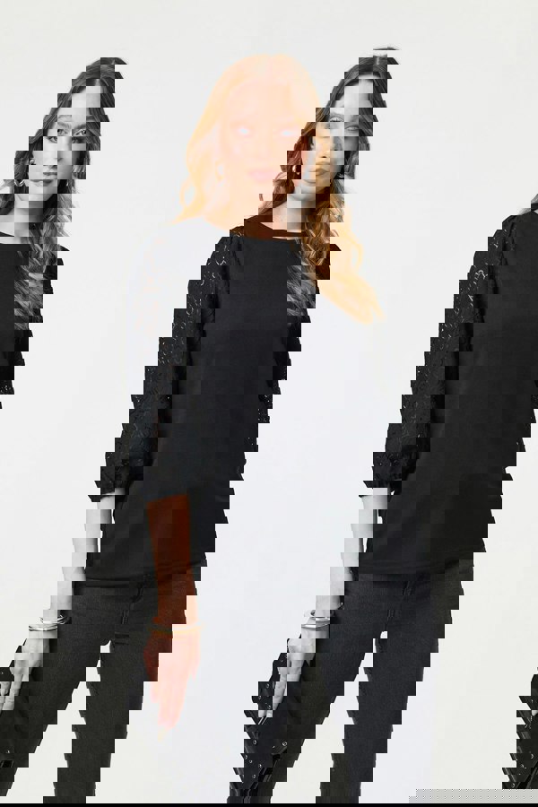 Black | Floral Lace 3/4 Puff Sleeve Blouse
