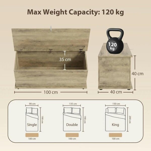 Large 114L Storage Chest Grey Wood Bench Trunk with Safety Lid for Bedroom Hallway and Living Room 100 x 40 x 40cm