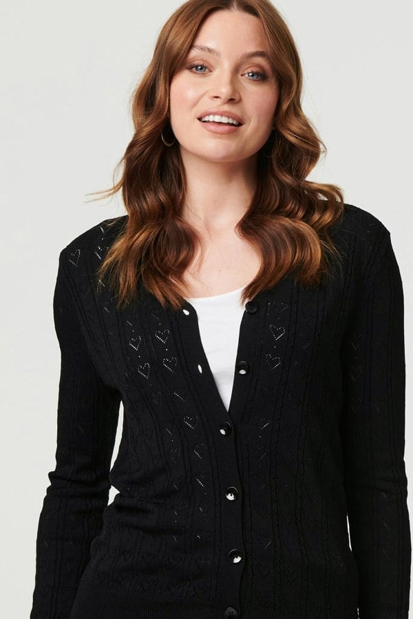 Black | Semi Sheer Heart Textured Slim Cardigan
