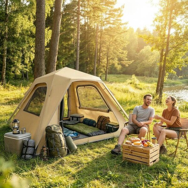 Pop Up Tent 3000mm Waterproof Camping Tents with Mesh Windows 2-3 People Khaki