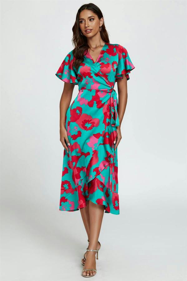 FS Collection Leopard Print Angel Sleeve Wrap Midi Blue Pink