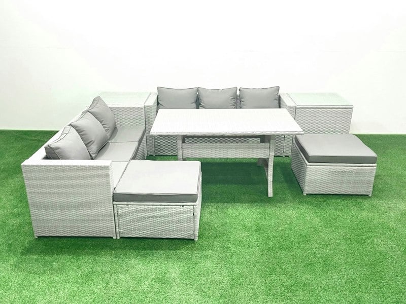 Fimous Rattan Garden Furniture Set 8 Seater Outdoor Sofa Set with Dining Table 2 Side Tables 2 Big Footstools Light Grey Mixed