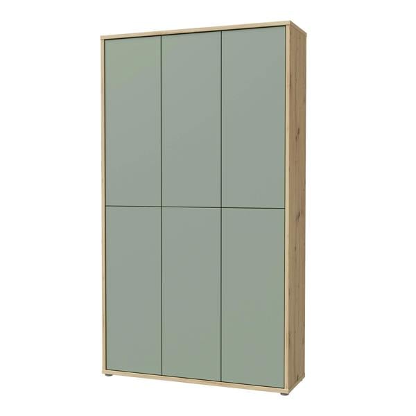 Furniture To Go Alice Springs Shoe Cabinet with 6 Doors Push-to-Open in Artisan Oak and Sage Green Doors