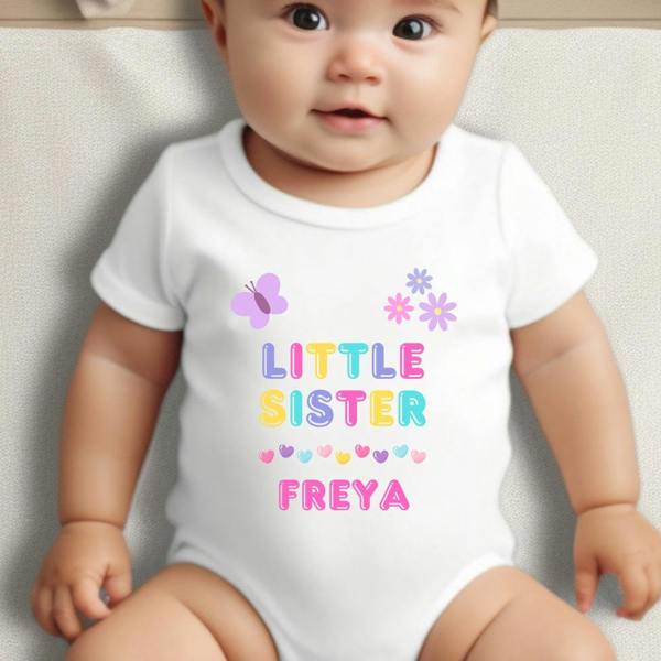 Personalised Little Sister Baby Grow, Vest or Bib with Name
