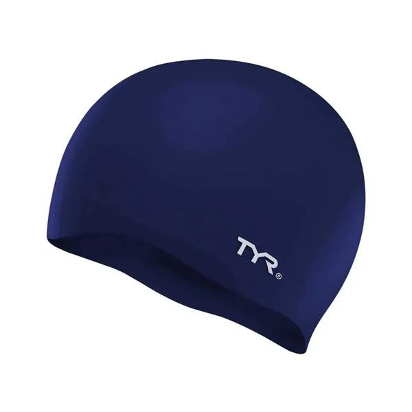 Navy blue TYR wrinkle free silicone swim cap with logo
