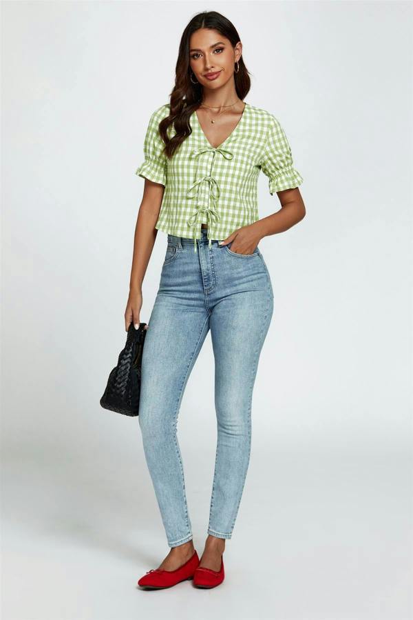 FS Collection Check Print Tie Front Top In Green