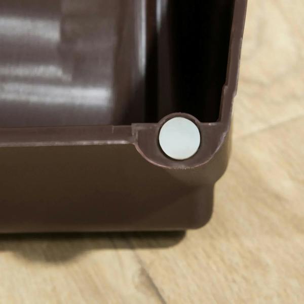 Brown pet stairs base hinge and locking point, with edge of beige non-slip tread