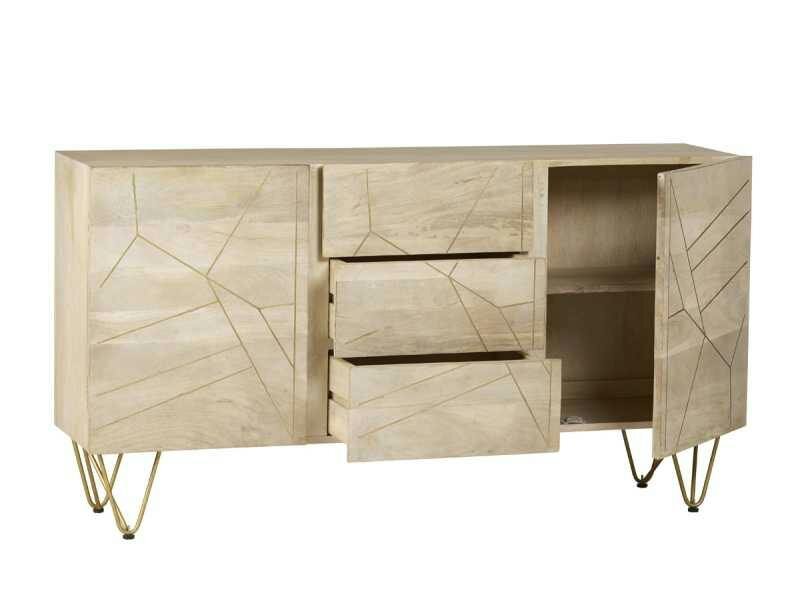 Wyld Haus Bali Light Mango Wood Gold Extra Large Sideboard 3 Drawers 2 Doors