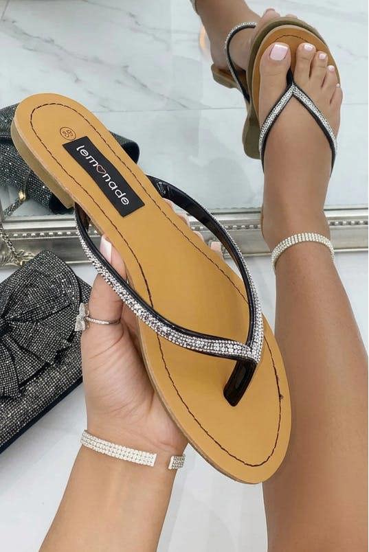 Love Lemonade Crystal Sparkle Flip Flops Black