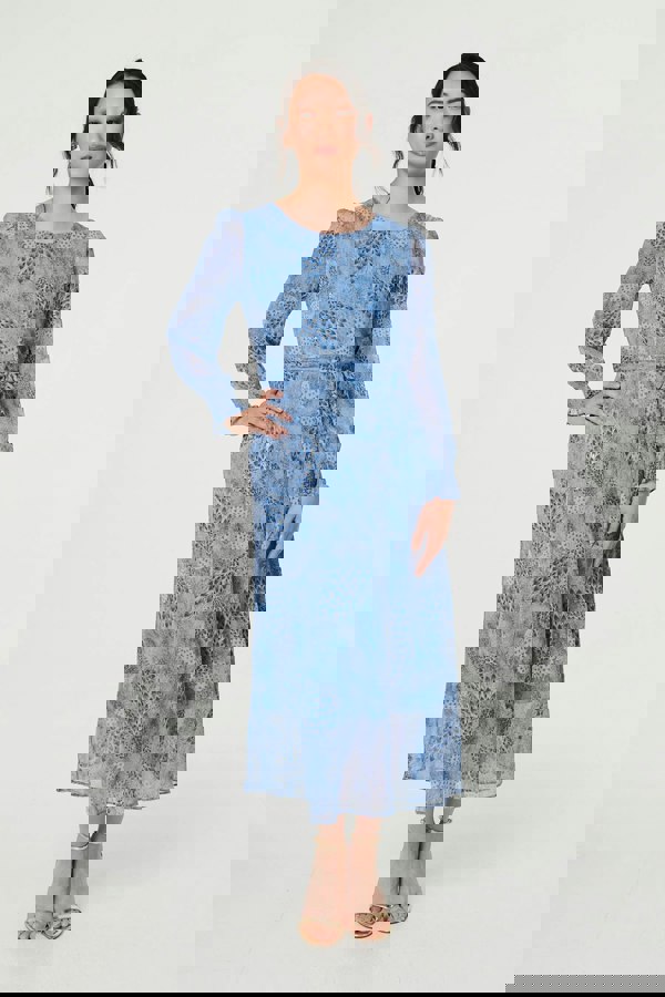 Blue | Feather Print Sheer Layered Maxi Dress
