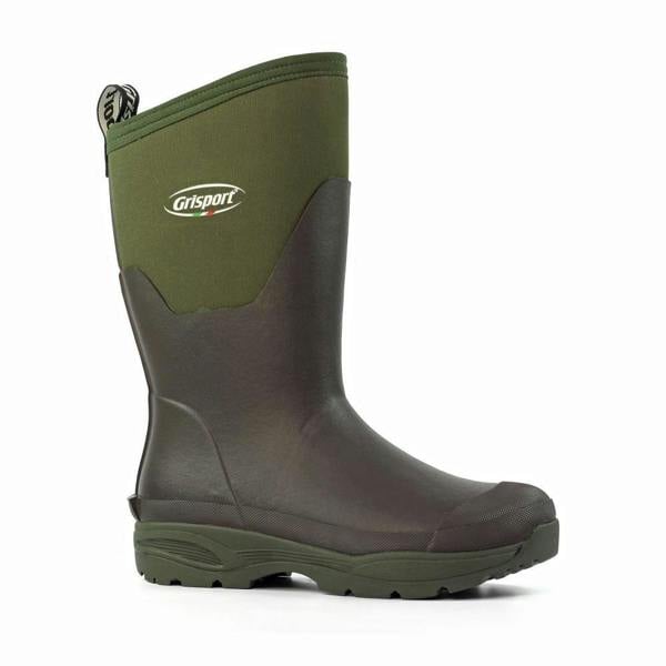 GriSport Creek Womens Mid-Cut Neoprene Country Stable Farm Wellies Boots, green and black rubber waterproof boots with padded neoprene shaft and rugged sole for outdoor activities.
