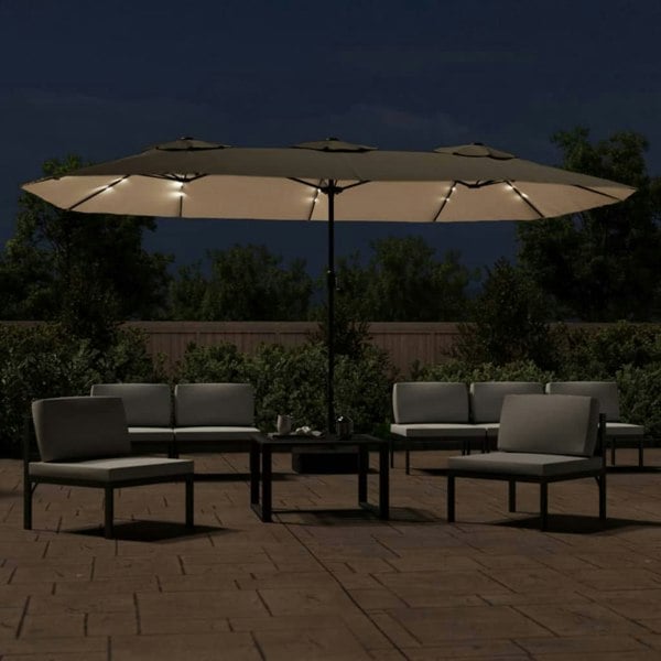 Berkfield Double-Head Parasol with LEDs Taupe 449x245 cm