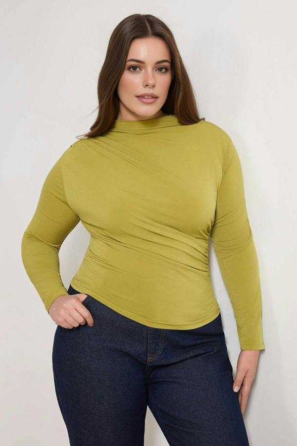 WOVCOR Gathered Detail Long Sleeve Knitted Plus Size Blouse