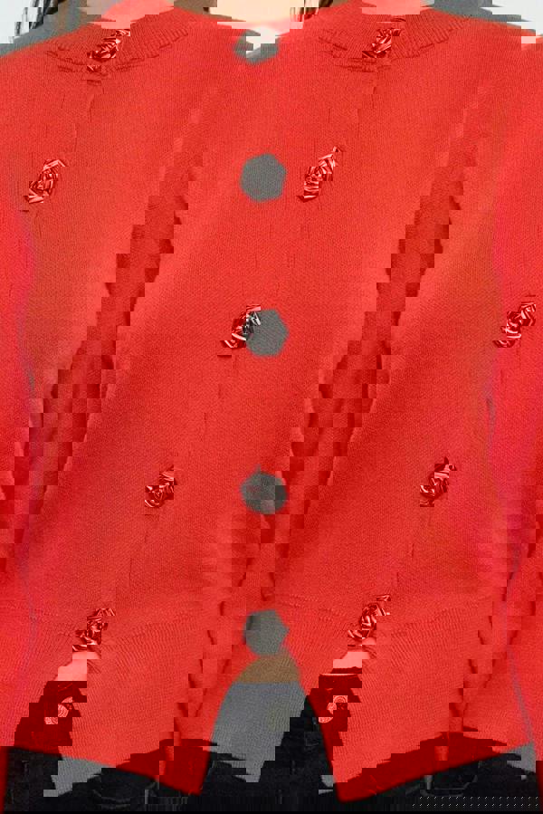 WOVCOR Premium Yarn Crop Knit Cardigan with Rose Button Detail