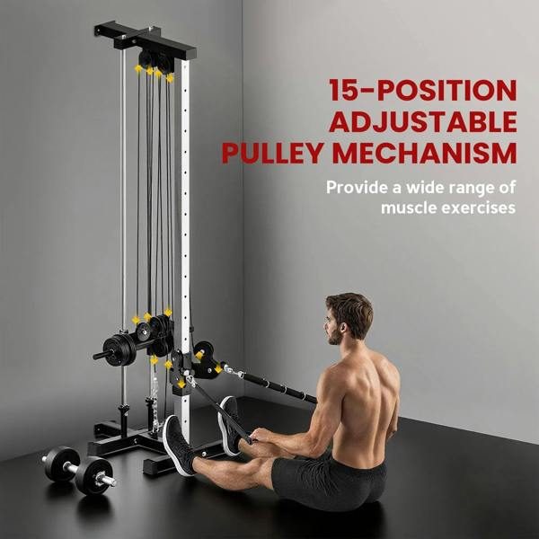 Wall-mounted dual pulley cable machine with 15-position adjustment and seated workout setup