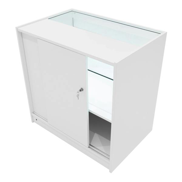 Sleek white LED shop counter set with glass display top, sliding door, and interior shelves for organized storage and visibility