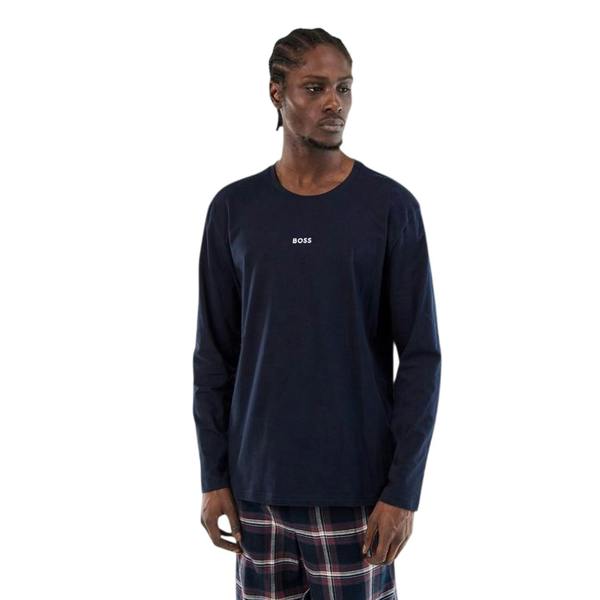 Boss Mens Logo Long-Sleeved Holiday T-Shirt - Blue Check - 