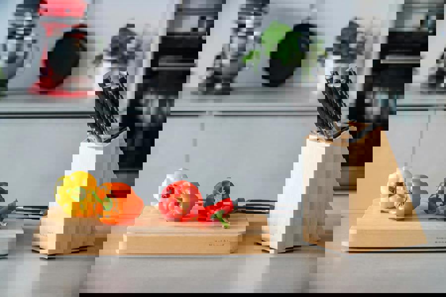 KitchenAid Gourmet 5-Piece Japanese Steel Knife Set with Sharpener and Birchwood Block