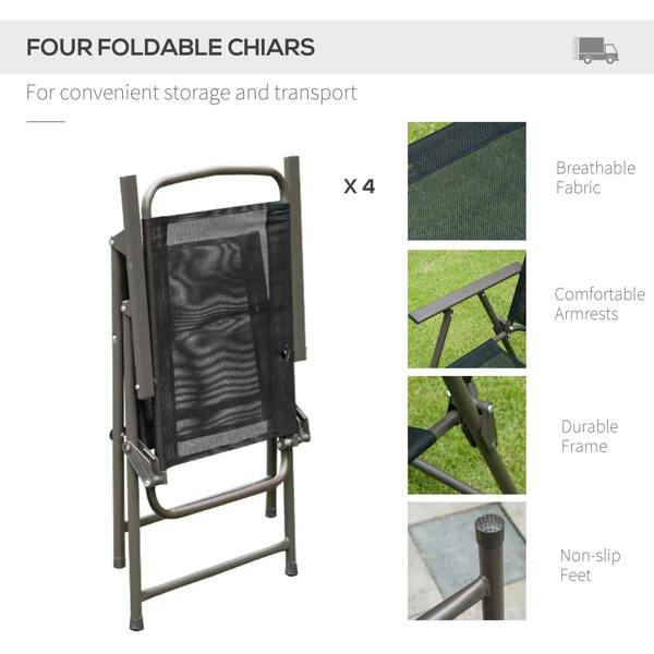 Single black folding patio chair with mesh back and armrests on metal frame