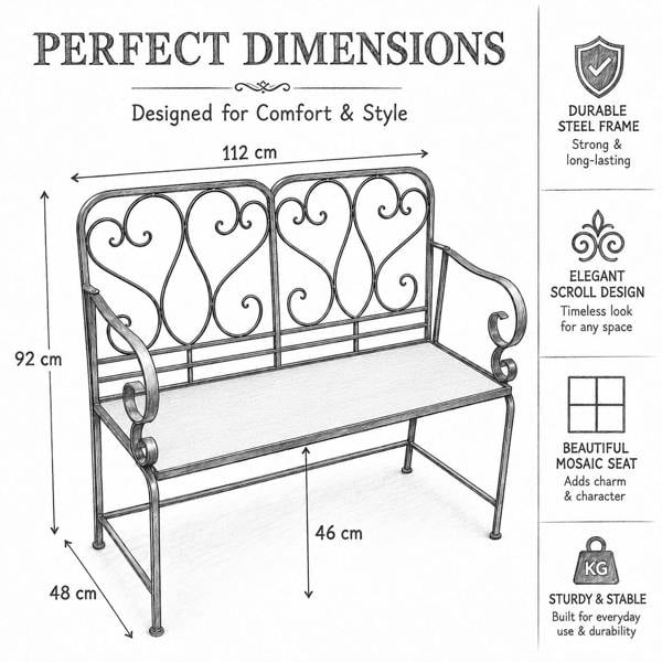 Leaf Mosaic 2 Seater Garden Bench, 112cm Outdoor Patio Seat with Ceramic Tile Seat, Scrollwork Backrest & Metal Frame image 4