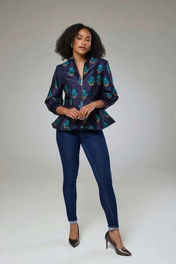 Lioness by TF Aquamarine Embroidered Raw Silk Fitted Jacket Blouse