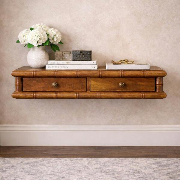 Artisan Furniture Solid Wood Bamboo Wall-Mounted Console, 2 Drawers, Brown