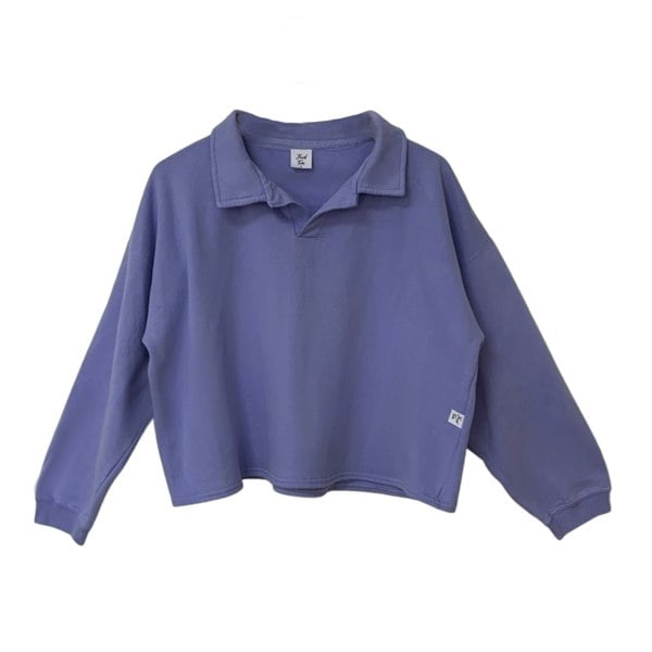 This is a collared sweat top in violet silhouetted against a white background. It is cropped to the waist and has no band around the hem. The sleeves have a small ribbed cuff. The collar is set in to a placket but there are no buttons and the placket finishes 10cm down from the neck.