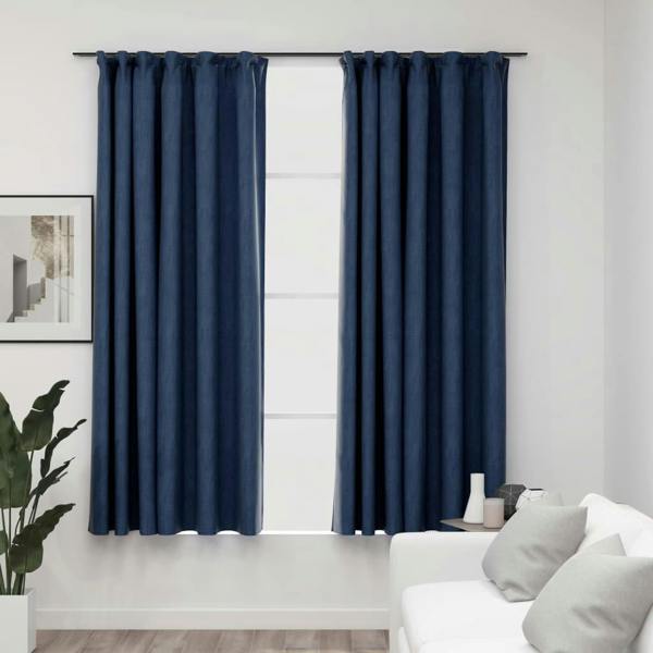 Berkfield Linen-Look Blackout Curtains with Hooks 2 pcs Blue 140x175 cm