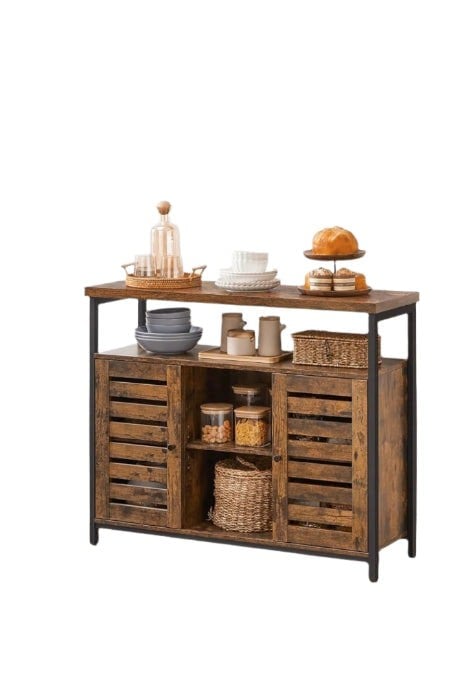 Modcraft Rustic Floor Standing Cabinet with Louvred Doors – Kitchen Storage Cupboard with Shelves, Industrial Style