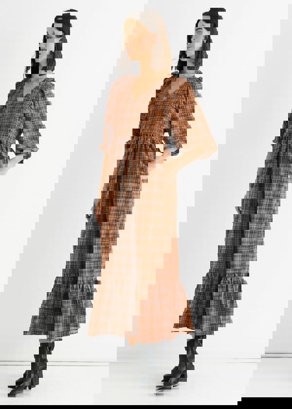 Gini London Brown Cotton Puff Sleeves V Neck Midi Dress