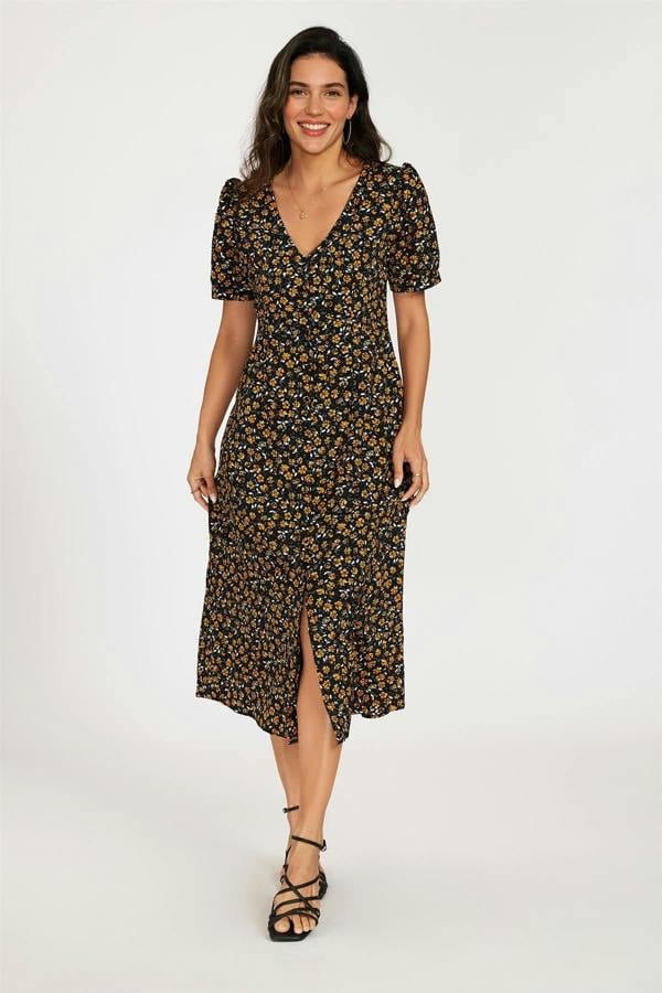 FS Collection Floral Print Button Front Puff Sleeve Midi Dress In Black
