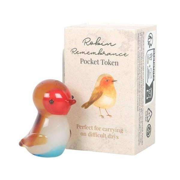 Robin pocket remembrance token in box, with robin bird figurine token