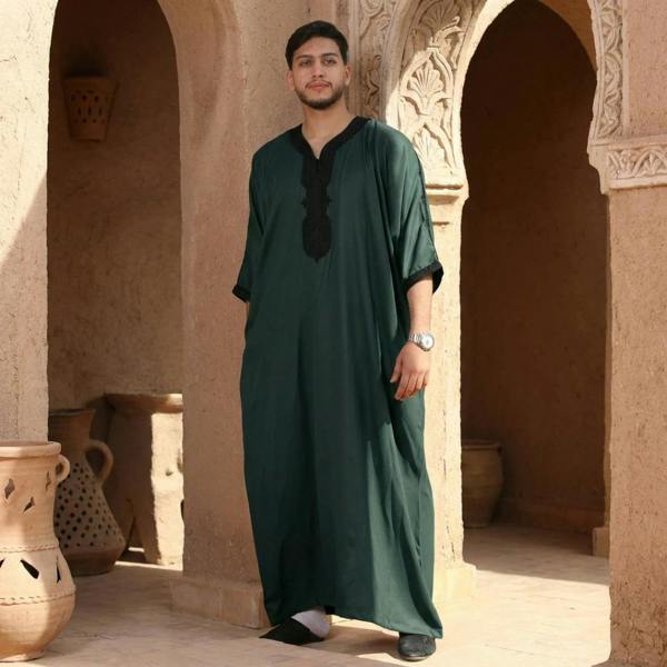 Men's Half Sleeve Embroidery Moroccan Thobe - Green - Thobez - 2