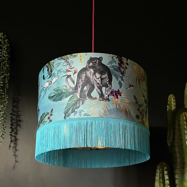 Handmade Fringed Velvet Lampshade with Gold Lining in Lithium