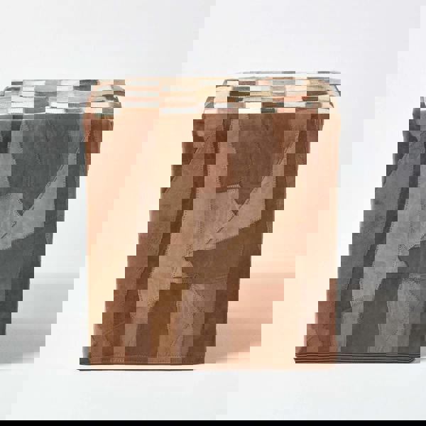 HOMESCAPES Brown Patchwork Check Cube Pouffe Leather and Suede - 36 x 36 x 38 cm