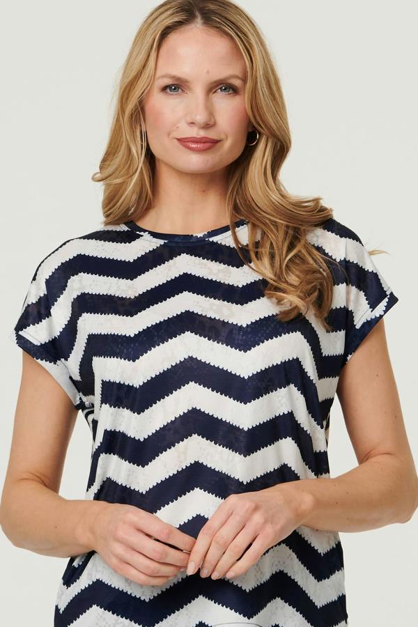 Navy | Zig Zag Cap Sleeve Slim Fit Top
