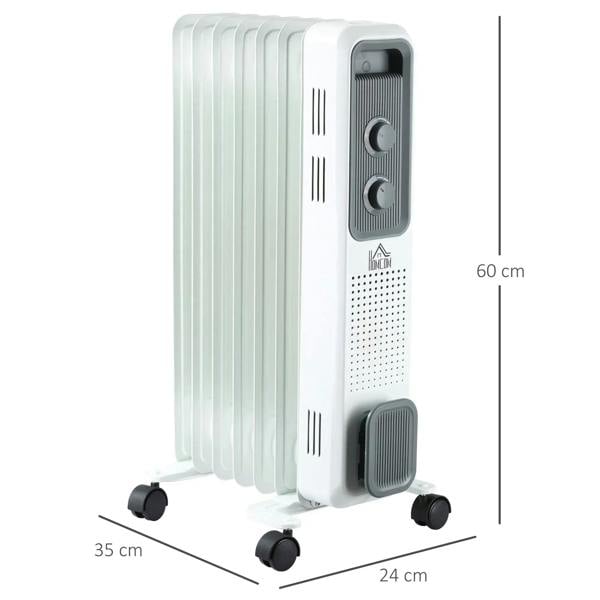 White oil-filled radiator heater with control panel, wheels, and front vented grille