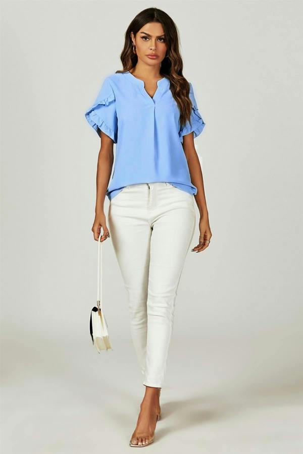 FS Collection Frill Trim Detail Short Sleeve Blouse Top In Light Blue