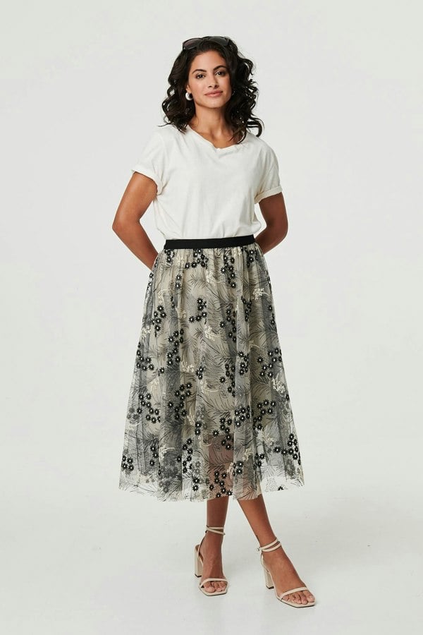 Beige | Printed A-Line Midi Skirt
