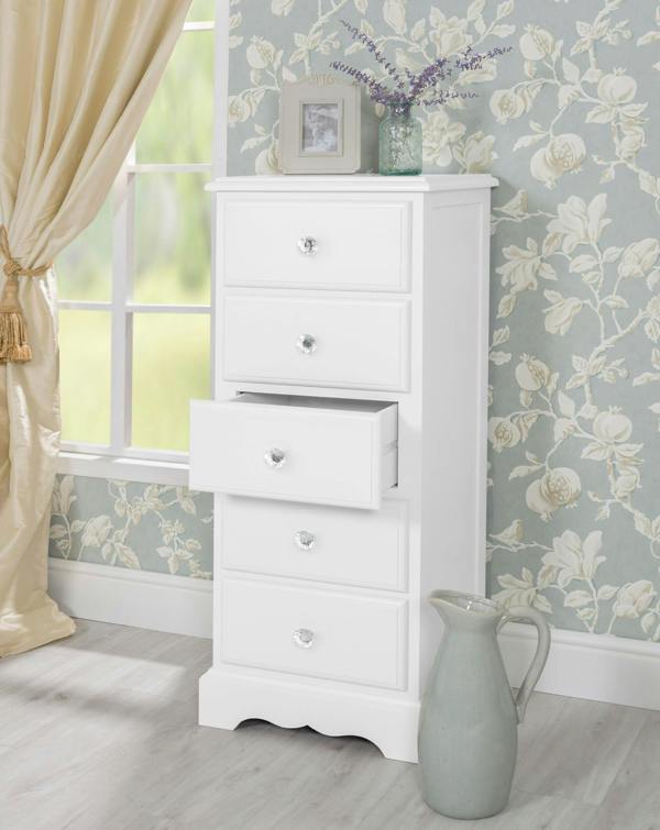 Statement Furniture Romance Tallboy 5 Drawer Narrow Chest of Drawers with Crystal Handles