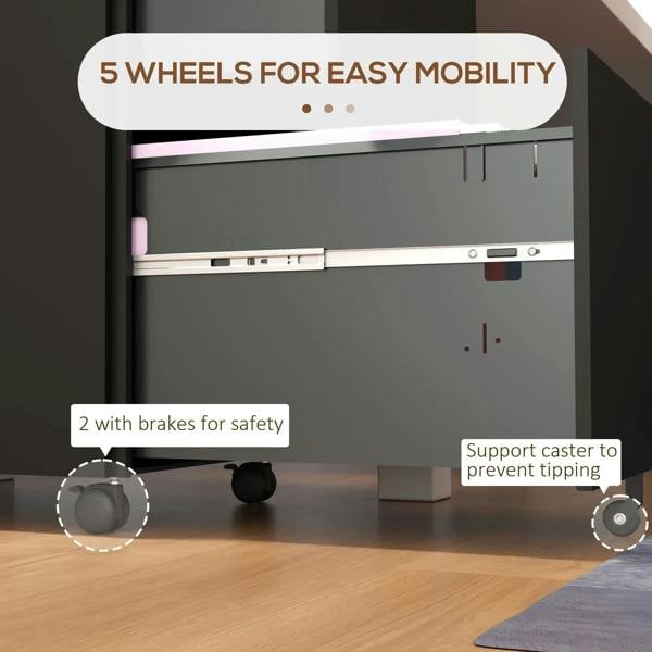 Black filing cabinet on 5 wheels, with brakes and anti-tipping support