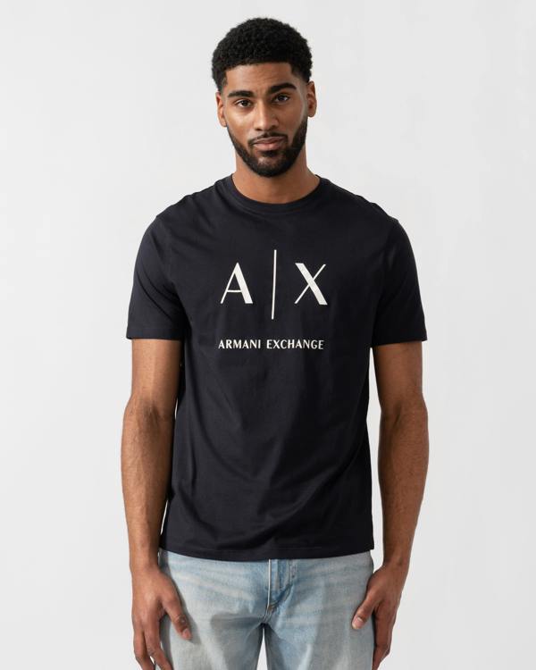 Model wearing Armani Exchange AX Logo T-Shirt in Deep Navy UB101 - Main