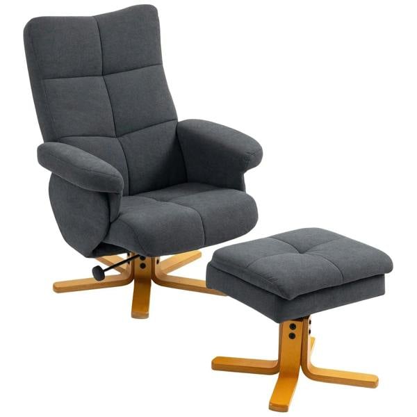 Grey linen-look recliner chair with storage ottoman and wooden legs
