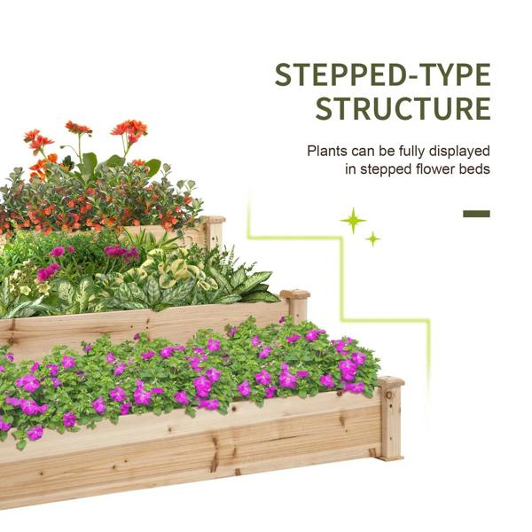 Three-tier raised wooden garden planter with stepped levels for easy plant display