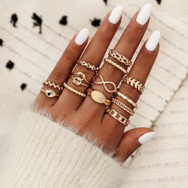 The Colourful Aura 13 Pcs Gold Stone Metallic Stacking Multi Size Knuckle Midi Ring Set