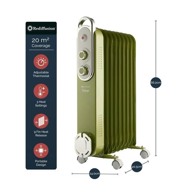 Rediffusion Vintage 9 Fin Oil Filled Radiator 2KW Olive Green
